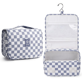 Narwey small hanging toiletry bag in grayish blue checkered pattern for organized packing.