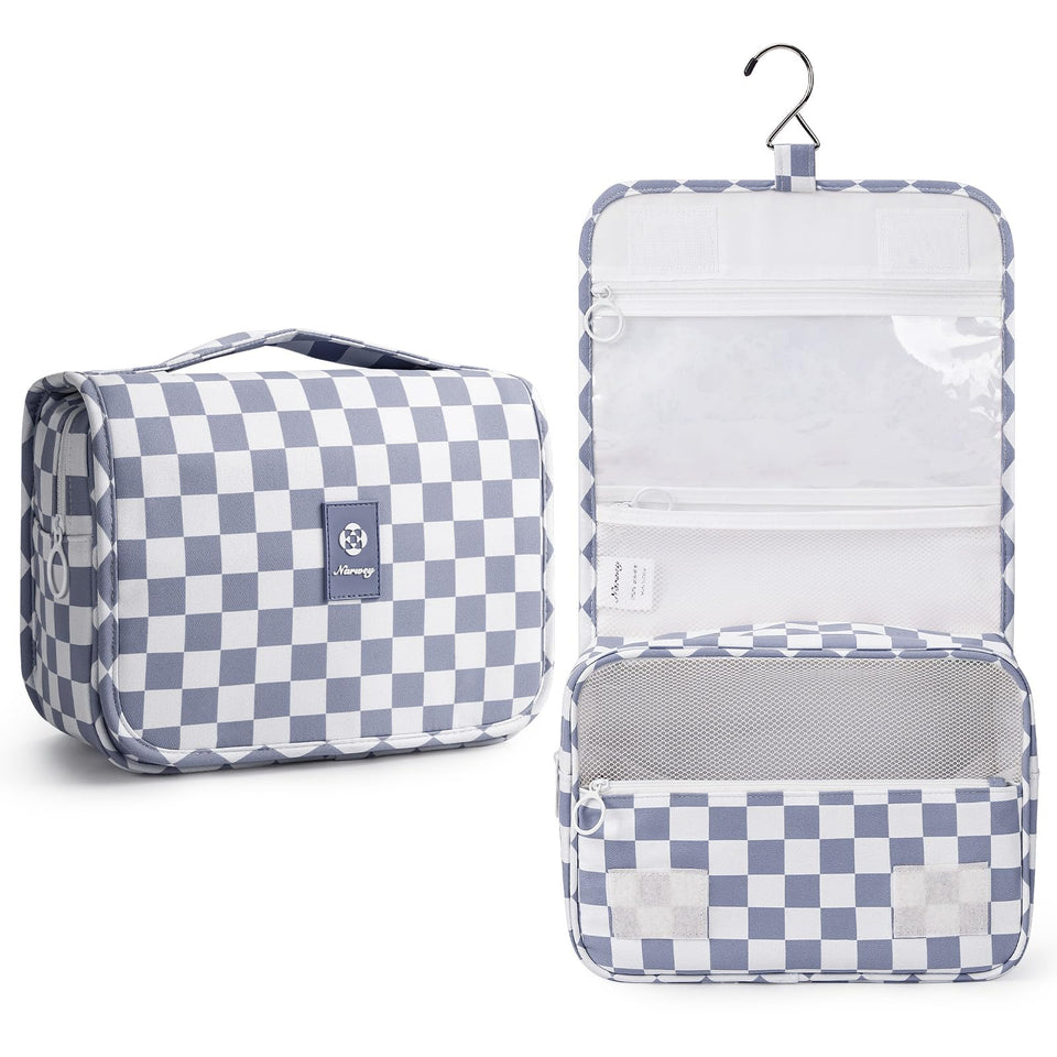 Narwey small hanging toiletry bag in grayish blue checkered pattern for organized packing.