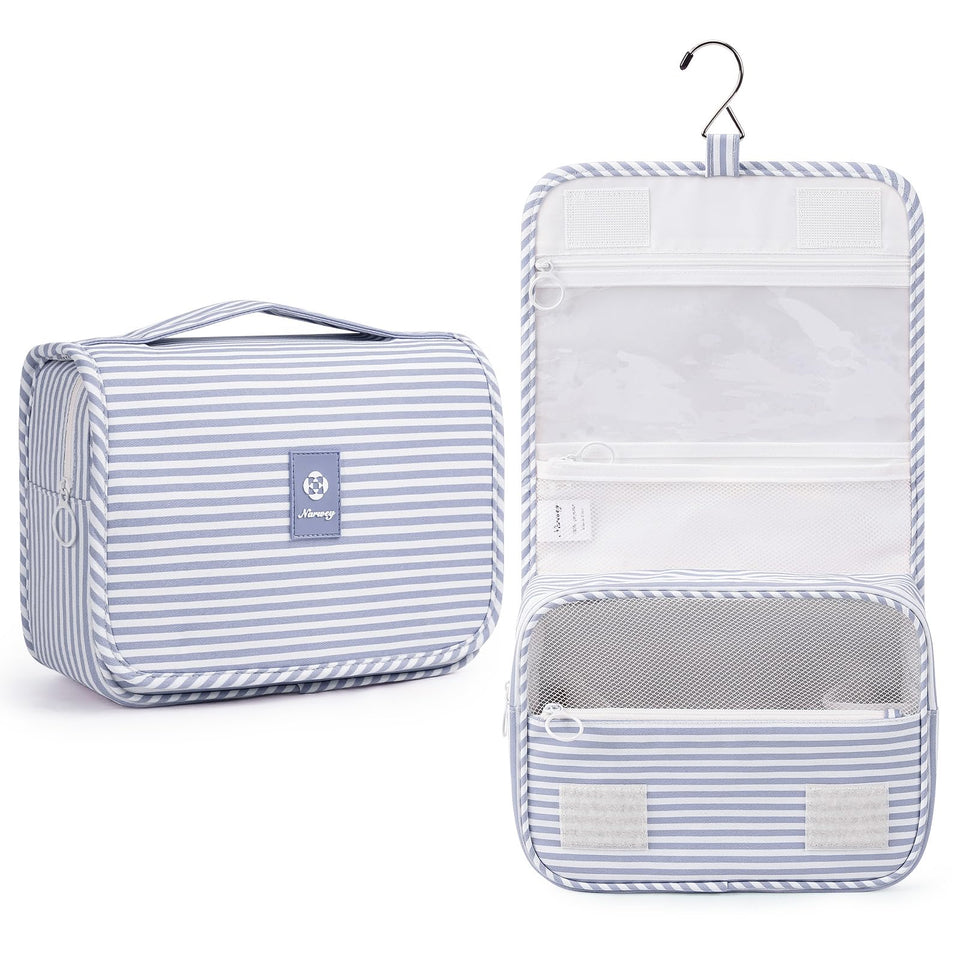 Narwey small hanging toiletry bag with hook in greyish blue stripe for easy travel access.