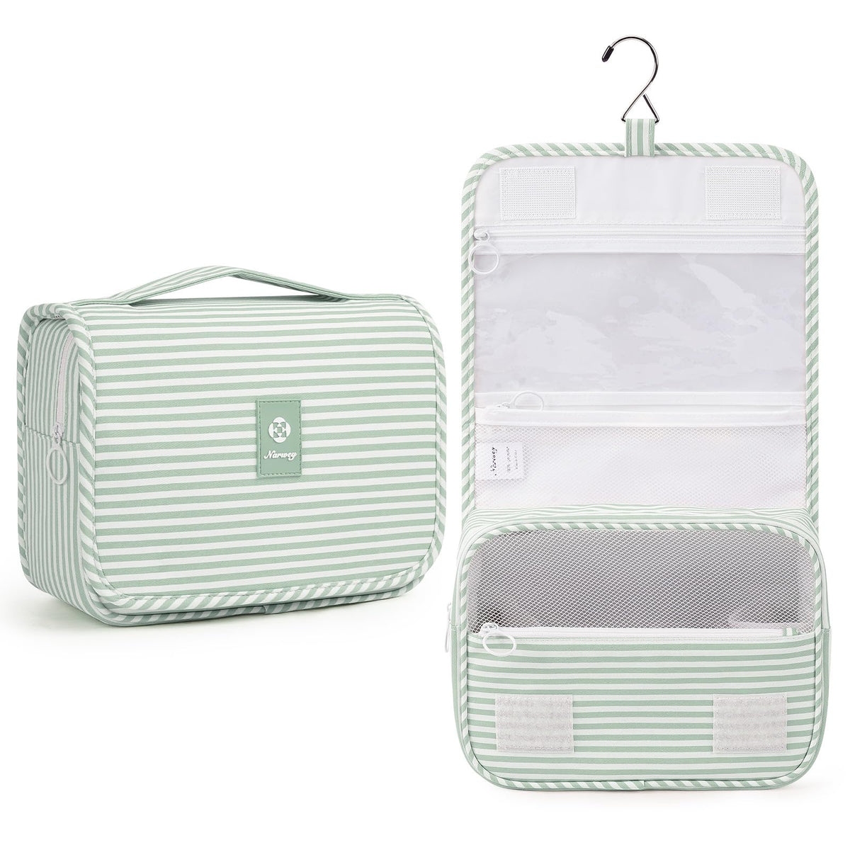 Narwey small hanging toiletry bag in mint green stripe, ideal for compact travel organization.