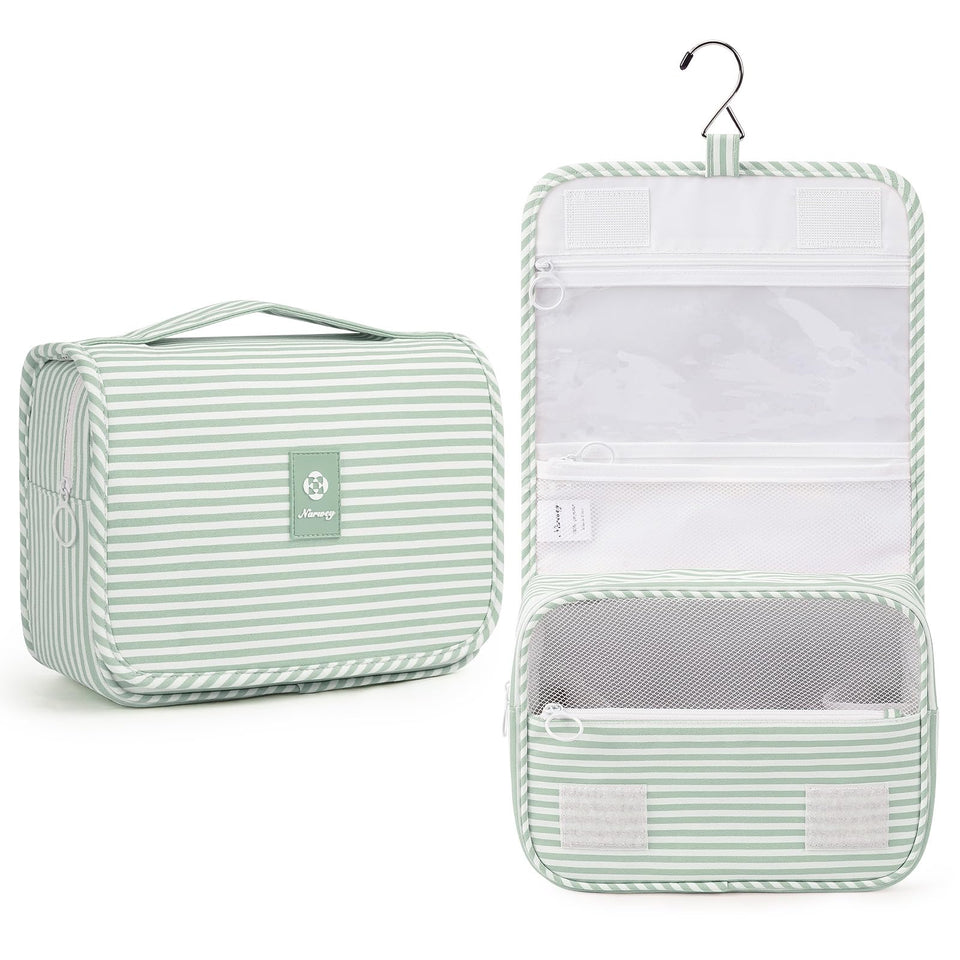 Narwey small hanging toiletry bag in mint green stripe, ideal for compact travel organization.