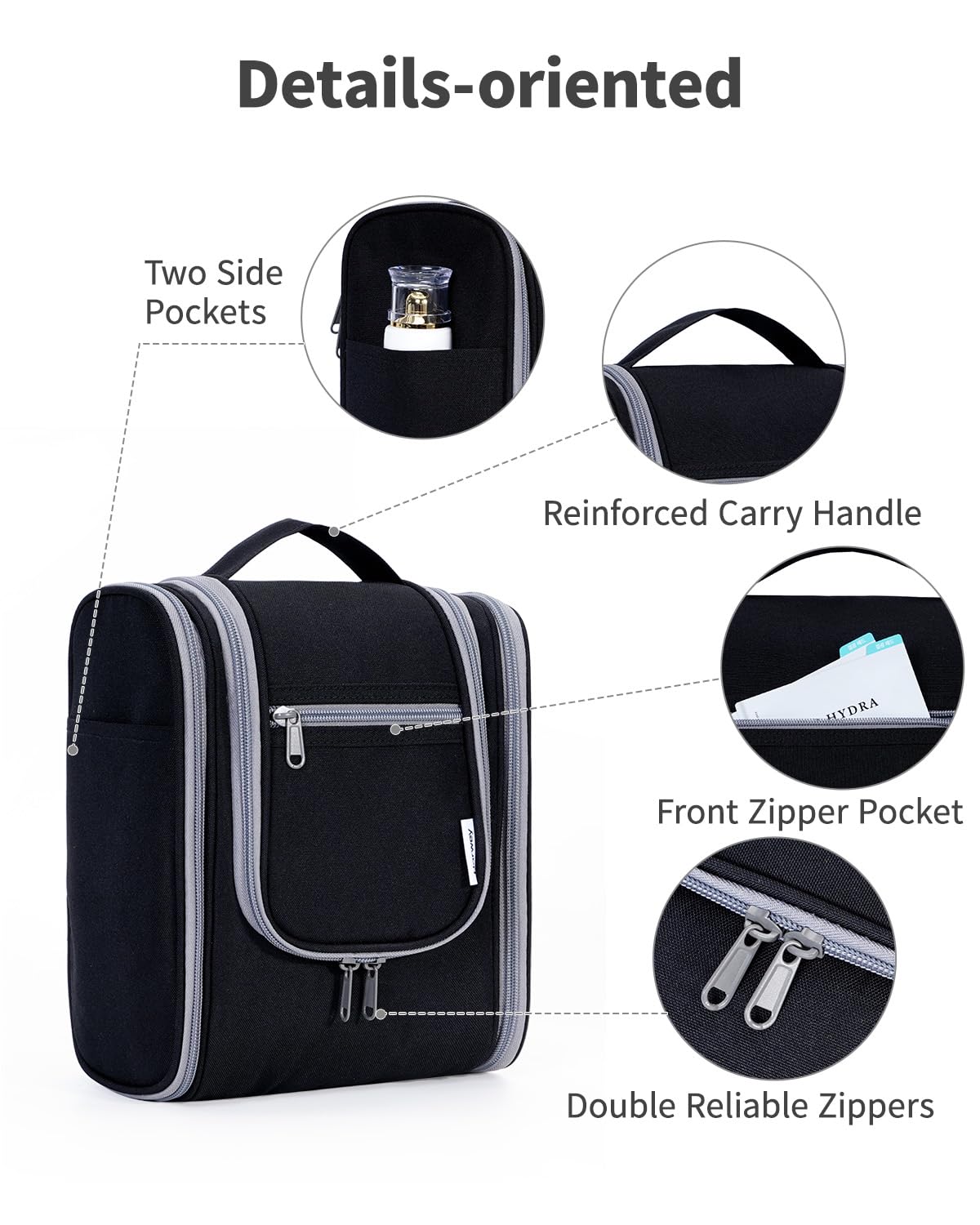 Narwey bag features a large metal hook for hanging in bathrooms or closets.