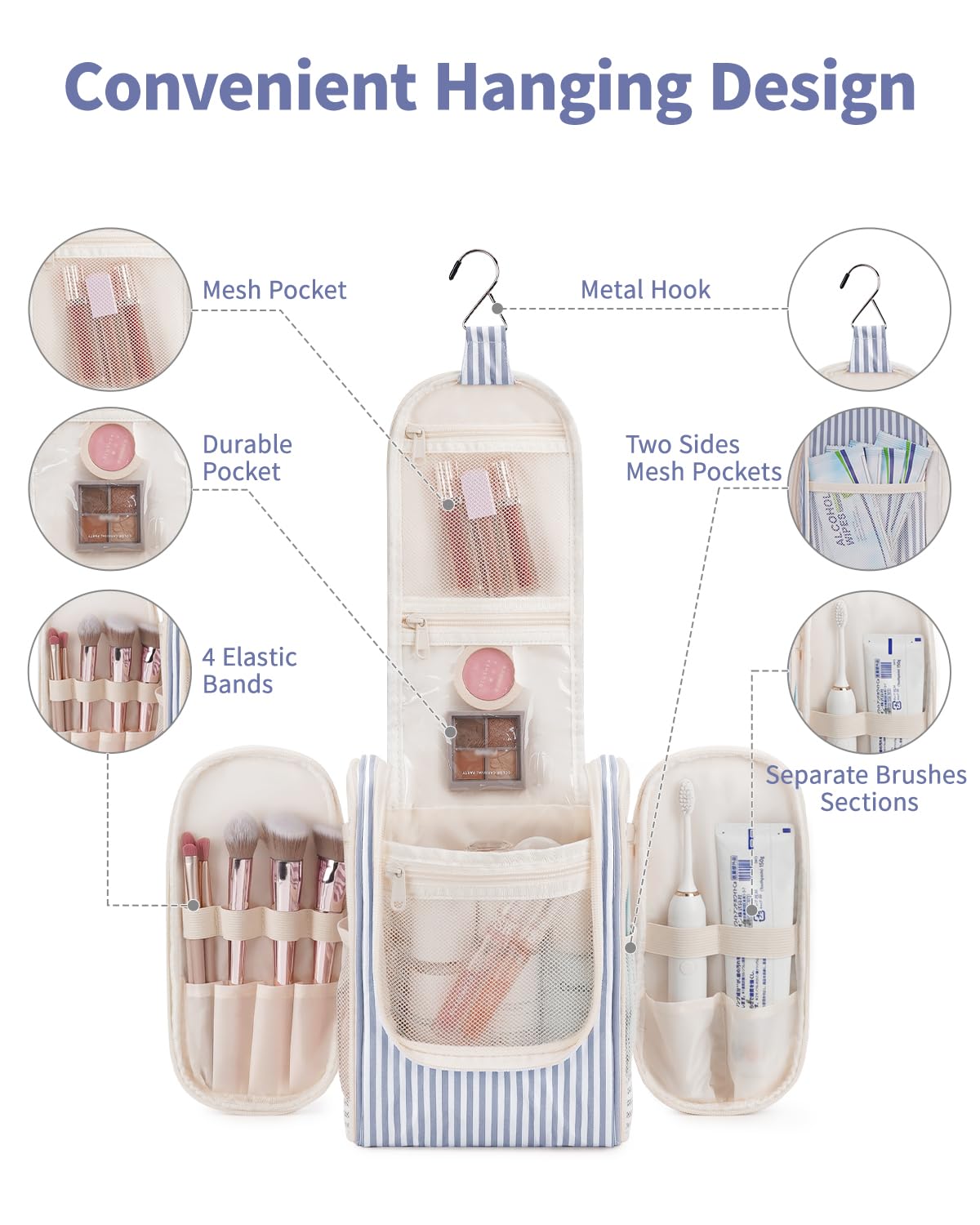 Narwey bag with six mesh pockets keeps cosmetics tidy and easy to locate