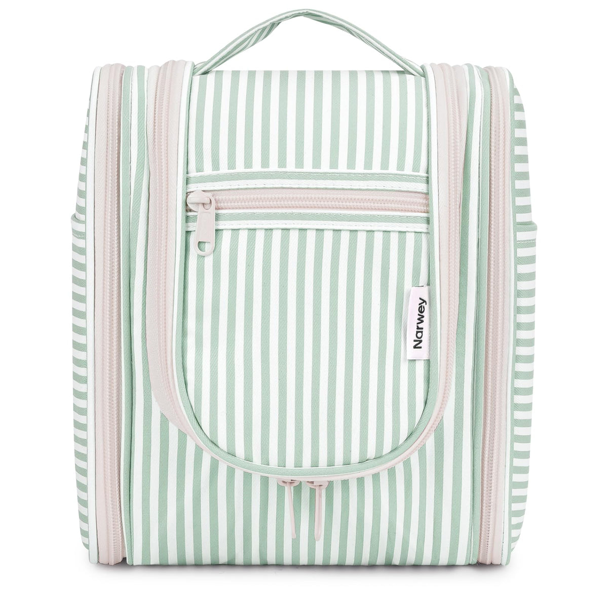 Narwey mint striped hanging travel toiletry bag with main compartment for easy access