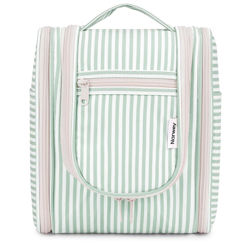 Narwey mint striped hanging travel toiletry bag with main compartment for easy access