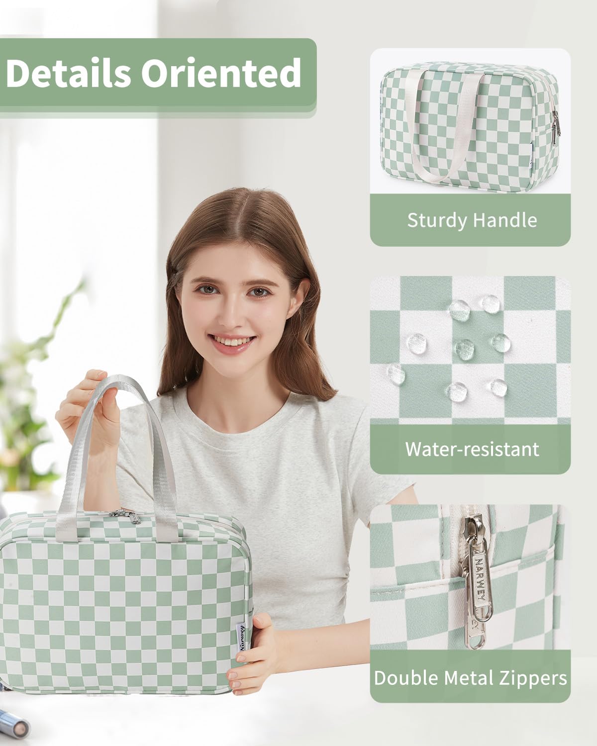 Narwey soft lining and reliable zipper keep contents safe and accessible.