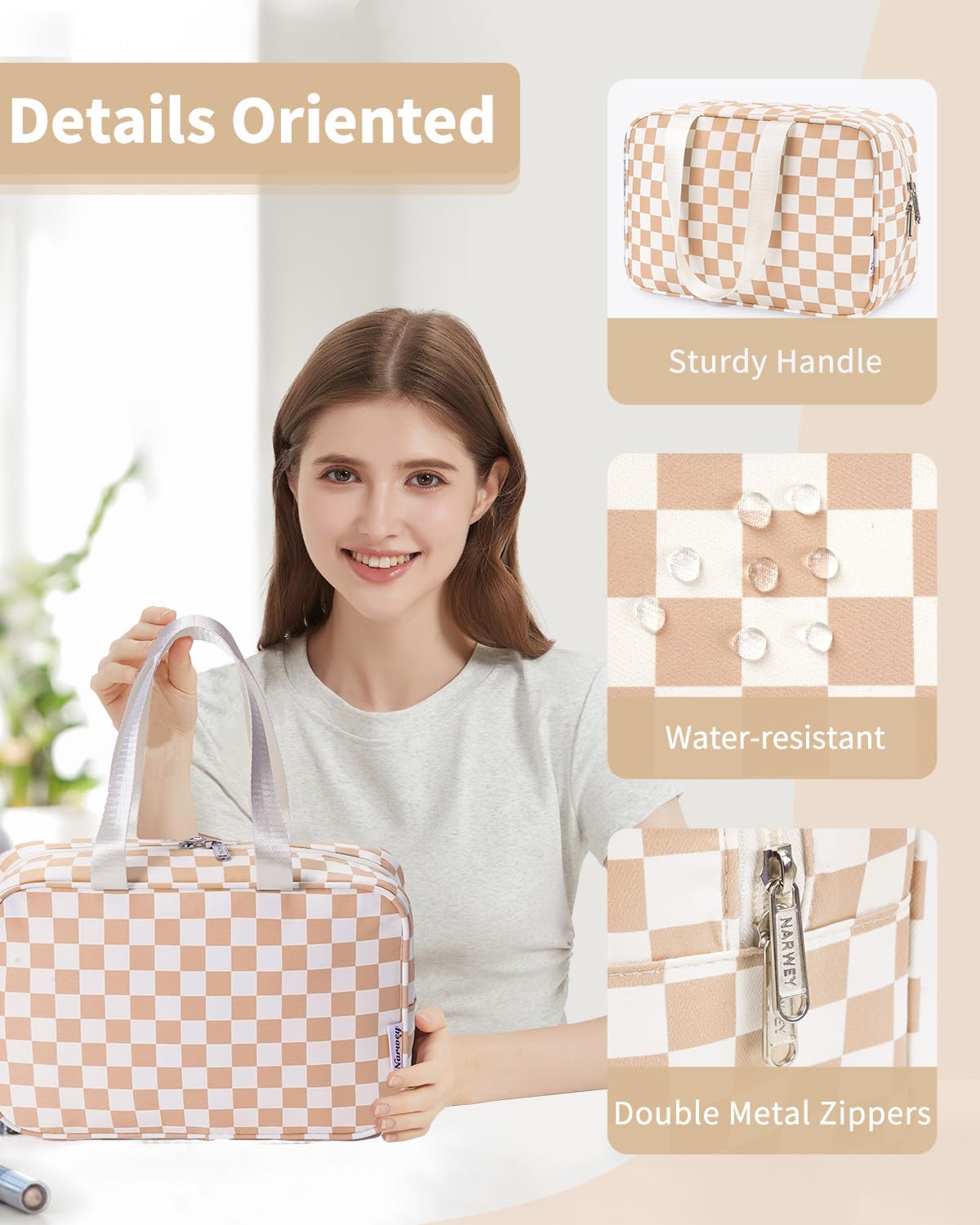 Narwey soft lining and reliable zipper protect cosmetics.