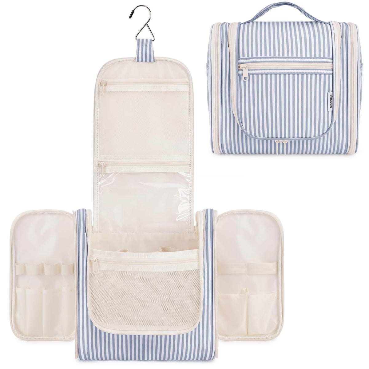 Narwey striped hanging toiletry bag front view showing organized compartments for travel quick access.