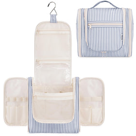 Narwey striped hanging toiletry bag front view showing organized compartments for travel quick access.