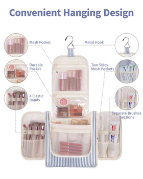 Narwey striped hanging toiletry bag side-open view highlighting pockets for compact packing on trips.