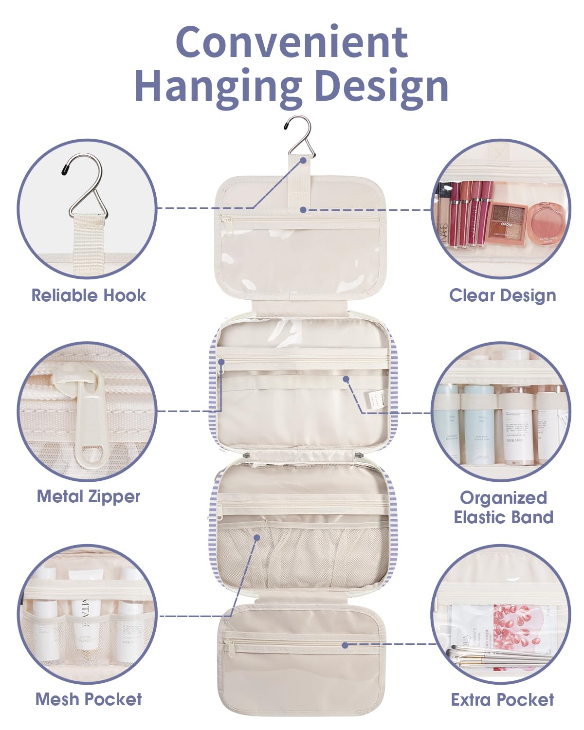 Narwey Striped Hanging Toiletry Bag main compartments keep items upright and accessible