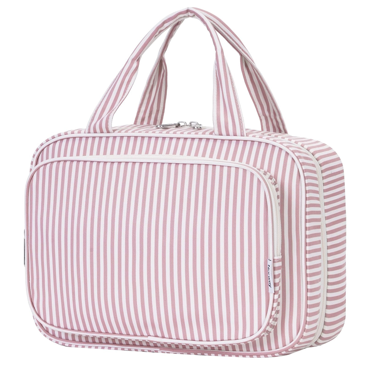 Narwey striped travel toiletry bag with dusty pink stripe, ample space for full-size products.