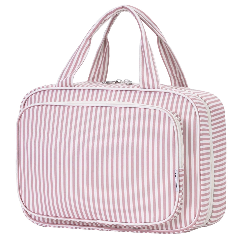 Narwey striped travel toiletry bag with dusty pink stripe, ample space for full-size products.