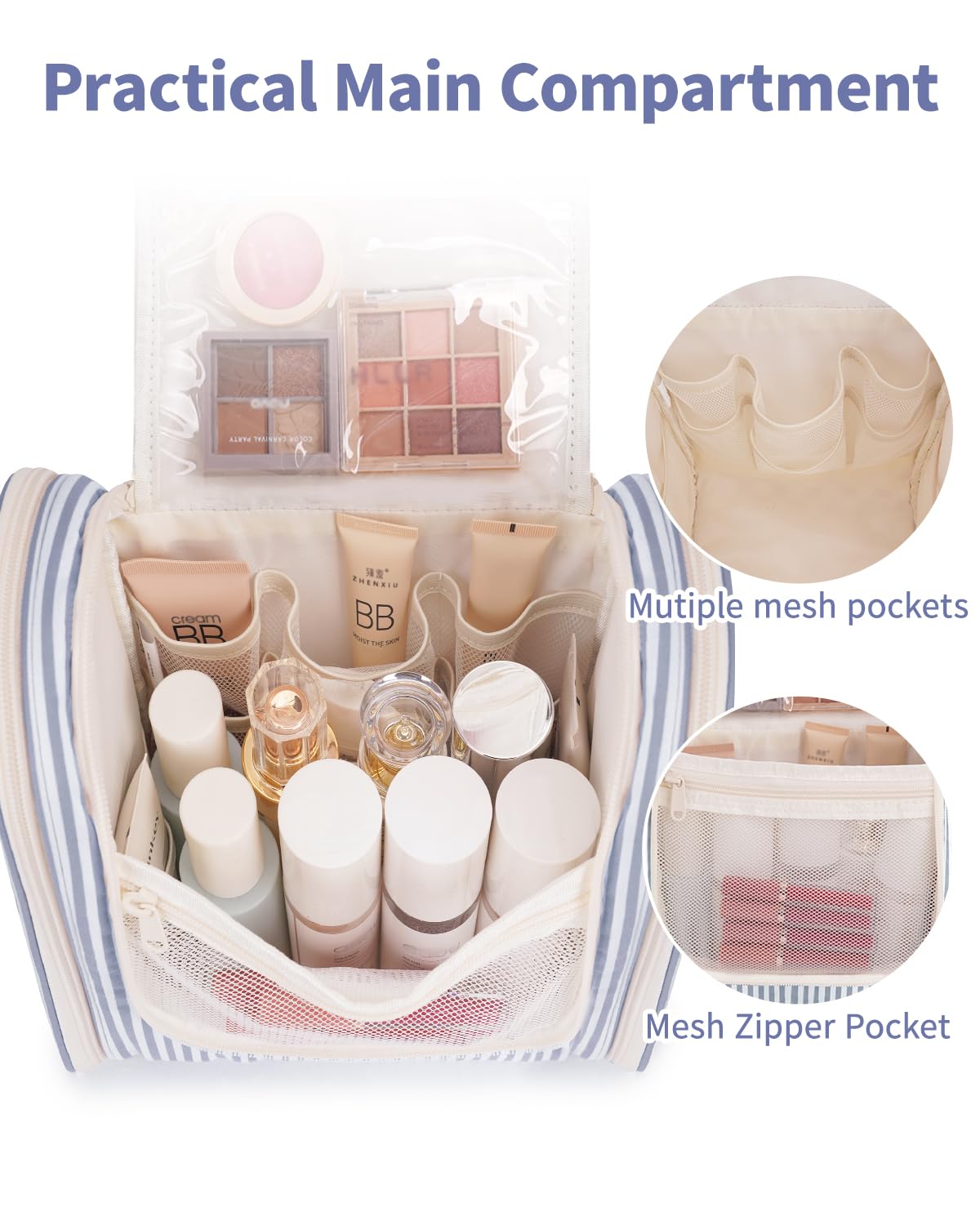 Narwey toiletry bag interior mesh pockets help separate items and improve visibility.