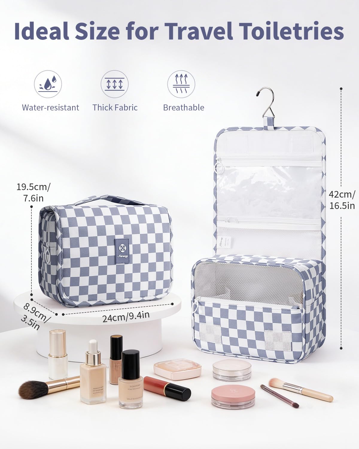 Narwey hanging toiletry bag with roomy main compartment for larger items.