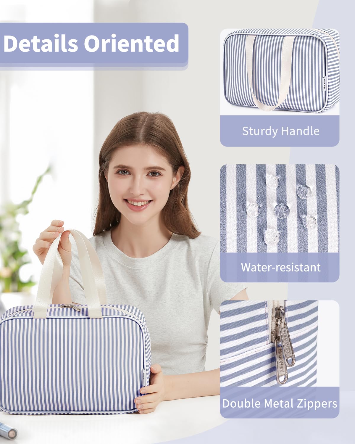 Narwey travel toiletry bag in greyish-blue stripe resists spills and cleans easily.
