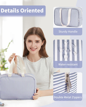 Narwey travel toiletry bag in greyish-blue stripe resists spills and cleans easily.