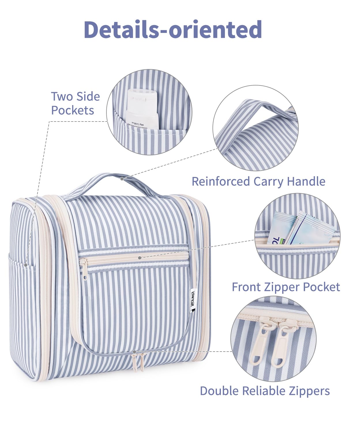 Narwey travel makeup bag greyish blue fabric offers durable, water-resistant protection.