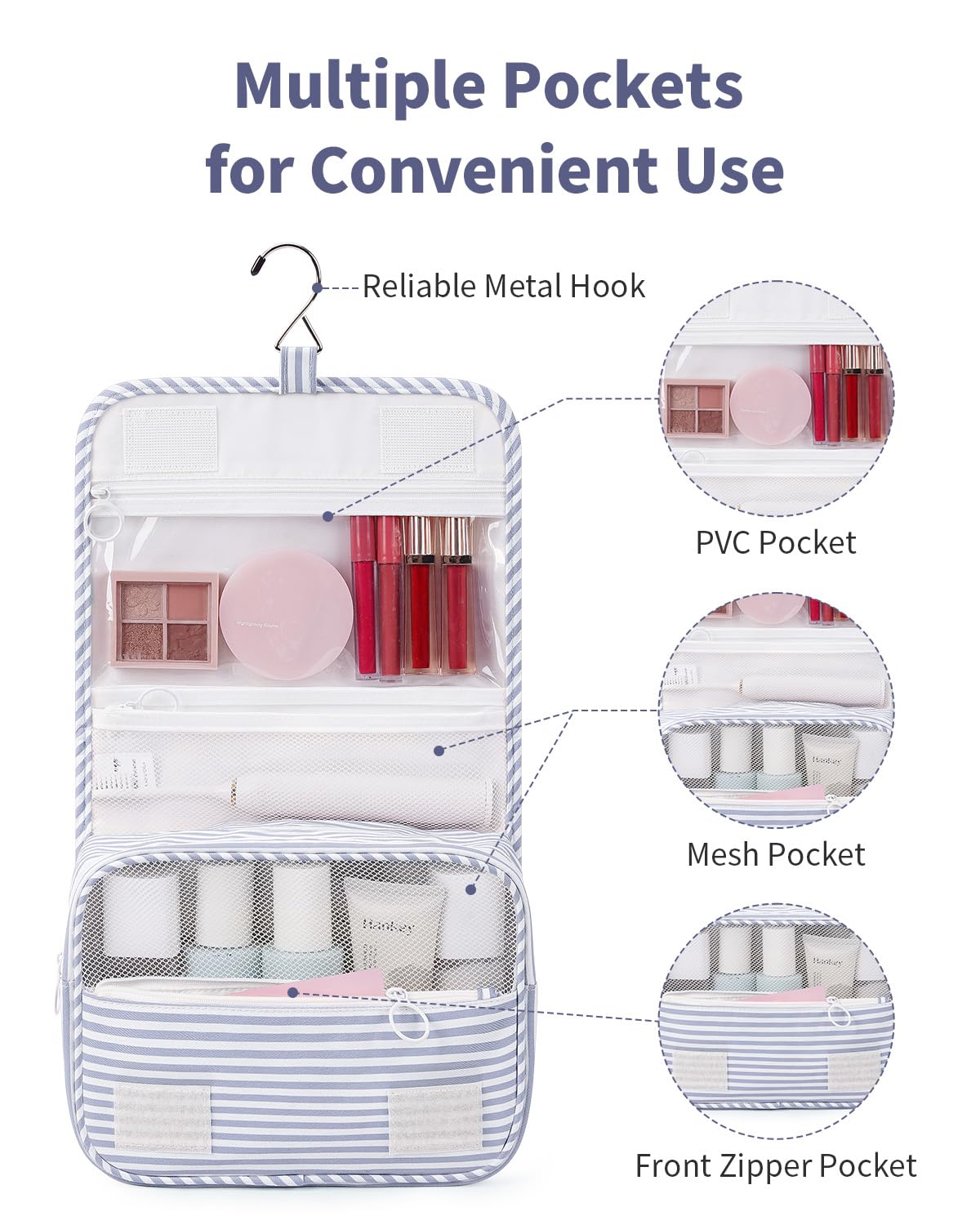 Narwey travel makeup bag with interior compartments keeps larger items organized on the go.