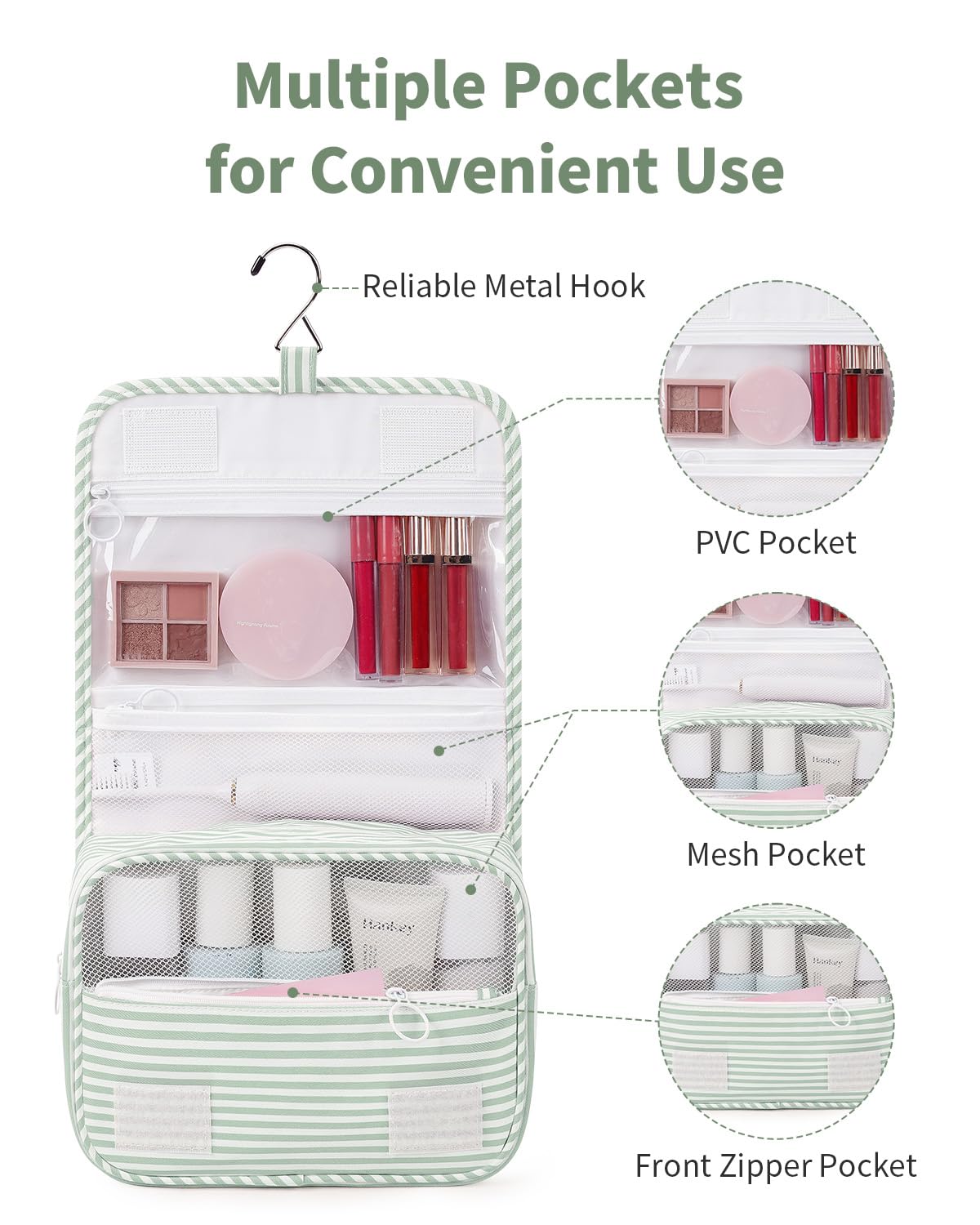 Narwey travel makeup bag with multi-compartment design for tidy packing.