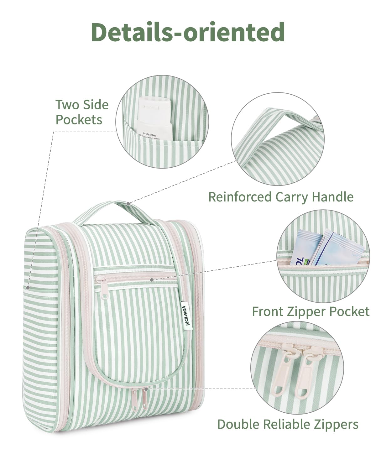Narwey mint striped bag built-in metal hook for hanging in bathrooms or hotel rooms
