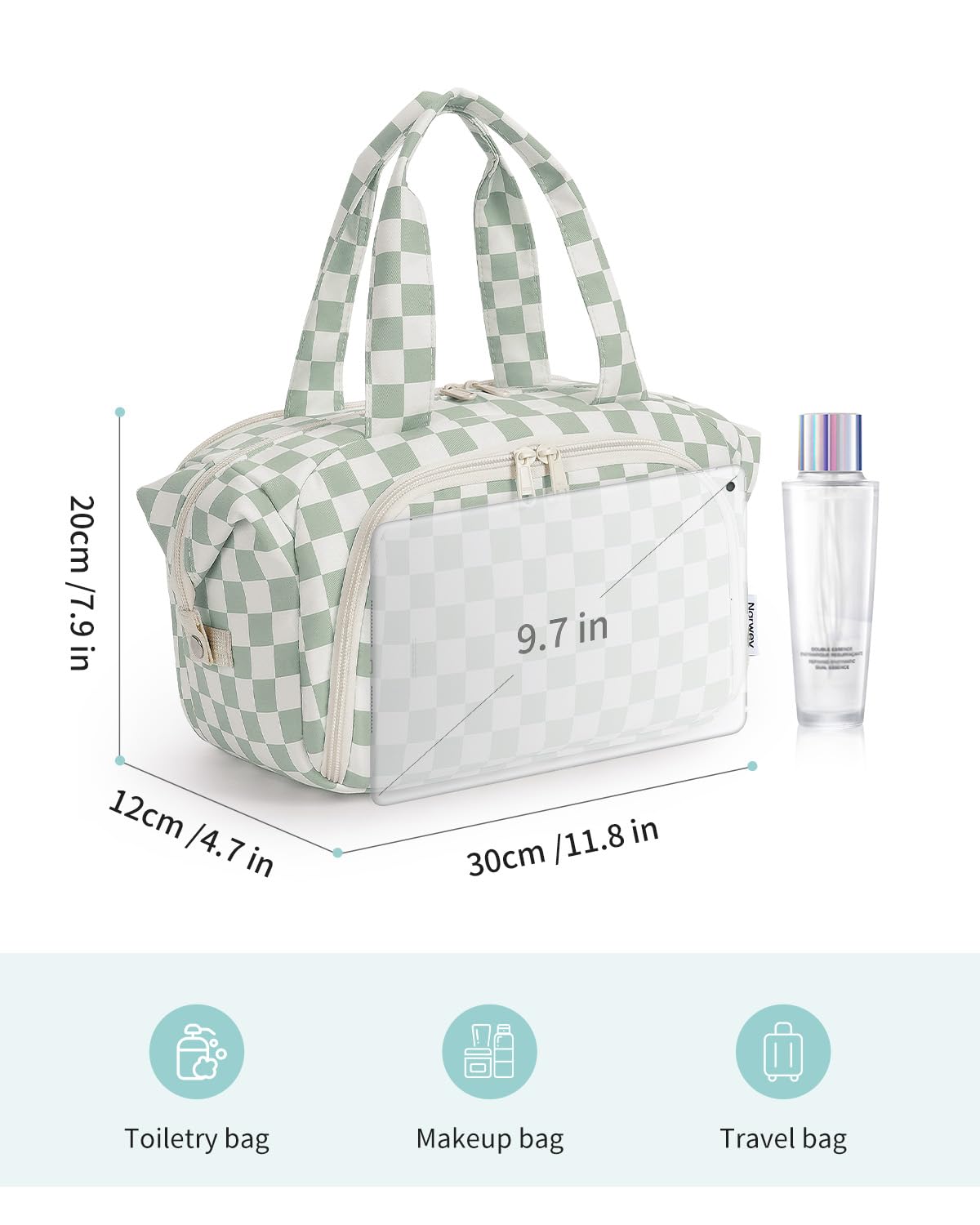 Dimensions show ample room for cleansers, lotions, and brushes