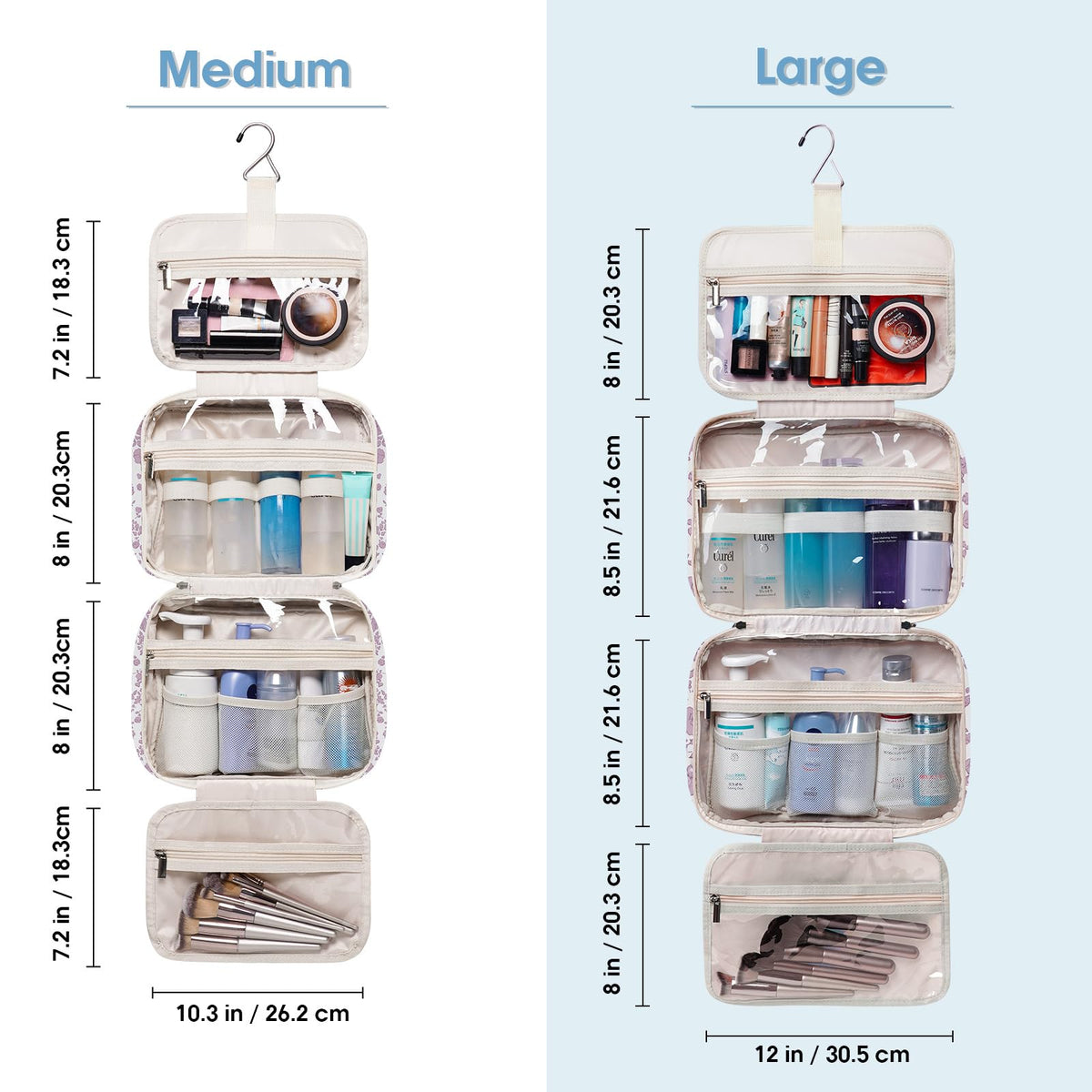 Narwey hanging travel bag with mesh pockets keeps cosmetics upright and organized