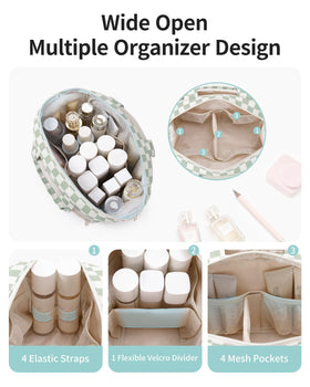 Front pocket with PVC sleeves keeps brushes organized and visible