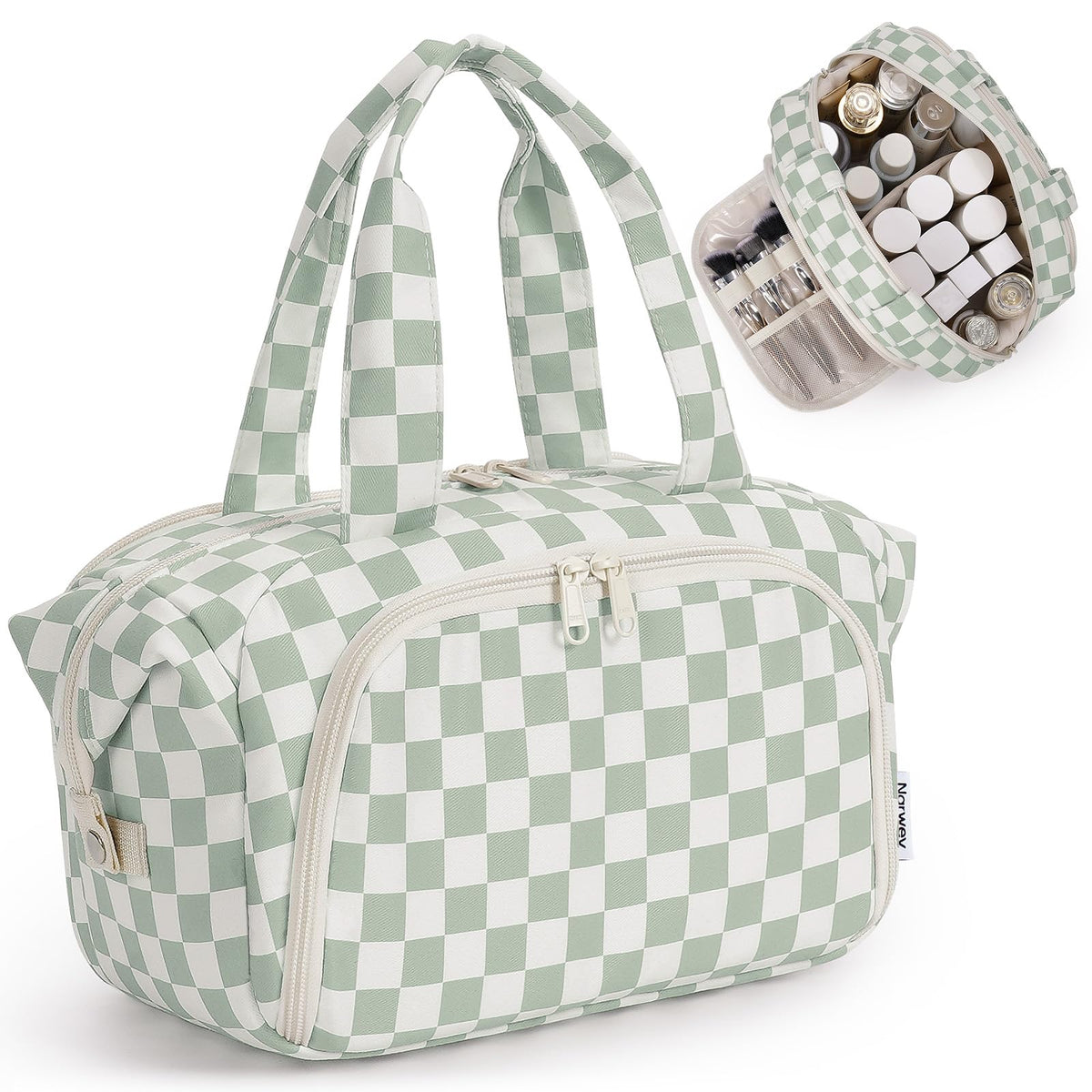 Narwey green checker toiletry bag wide opening for easy access to contents