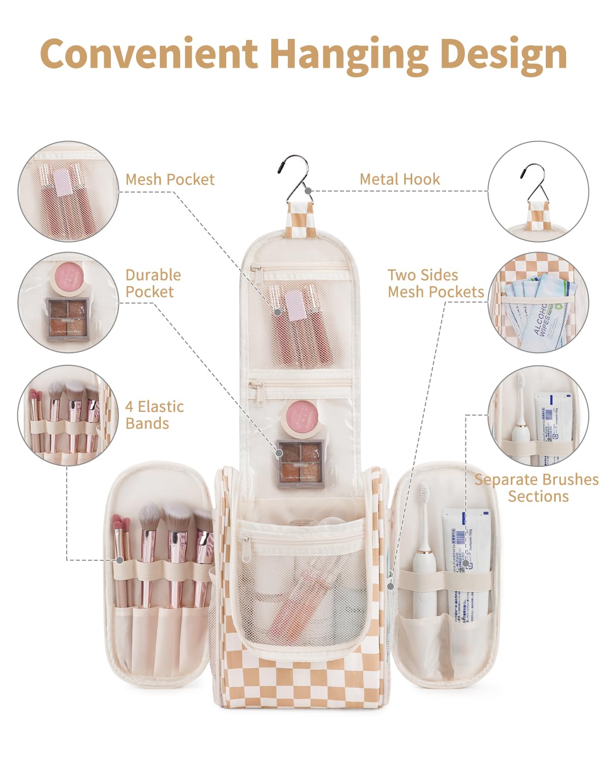 Narwey travel toiletry bag with a hook for easy hanging in hotel bathrooms