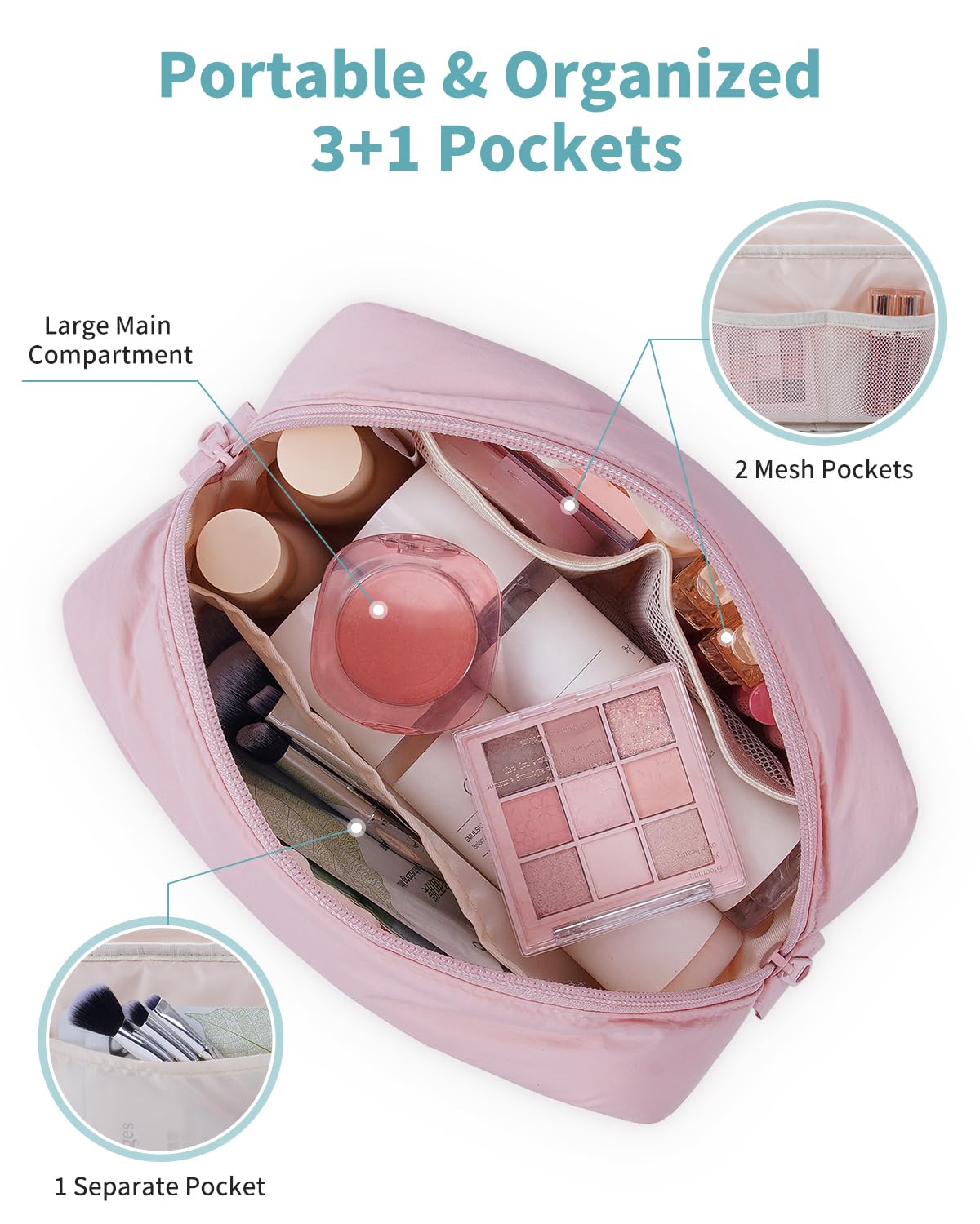 Narwey Travel Toiletry Bag interior shows roomy main compartment for skincare products.