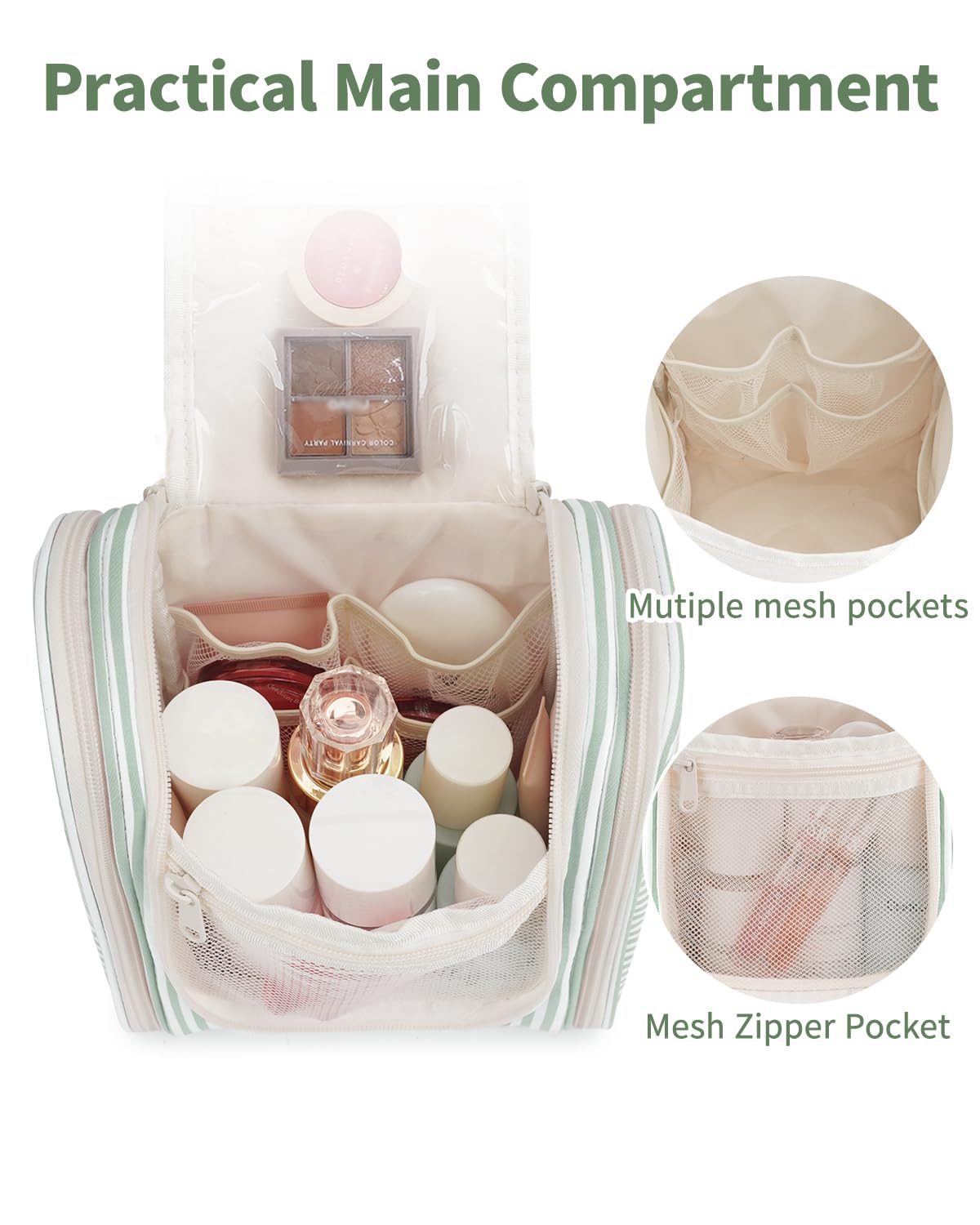 Narwey mint striped toiletry bag main compartment for travel essentials