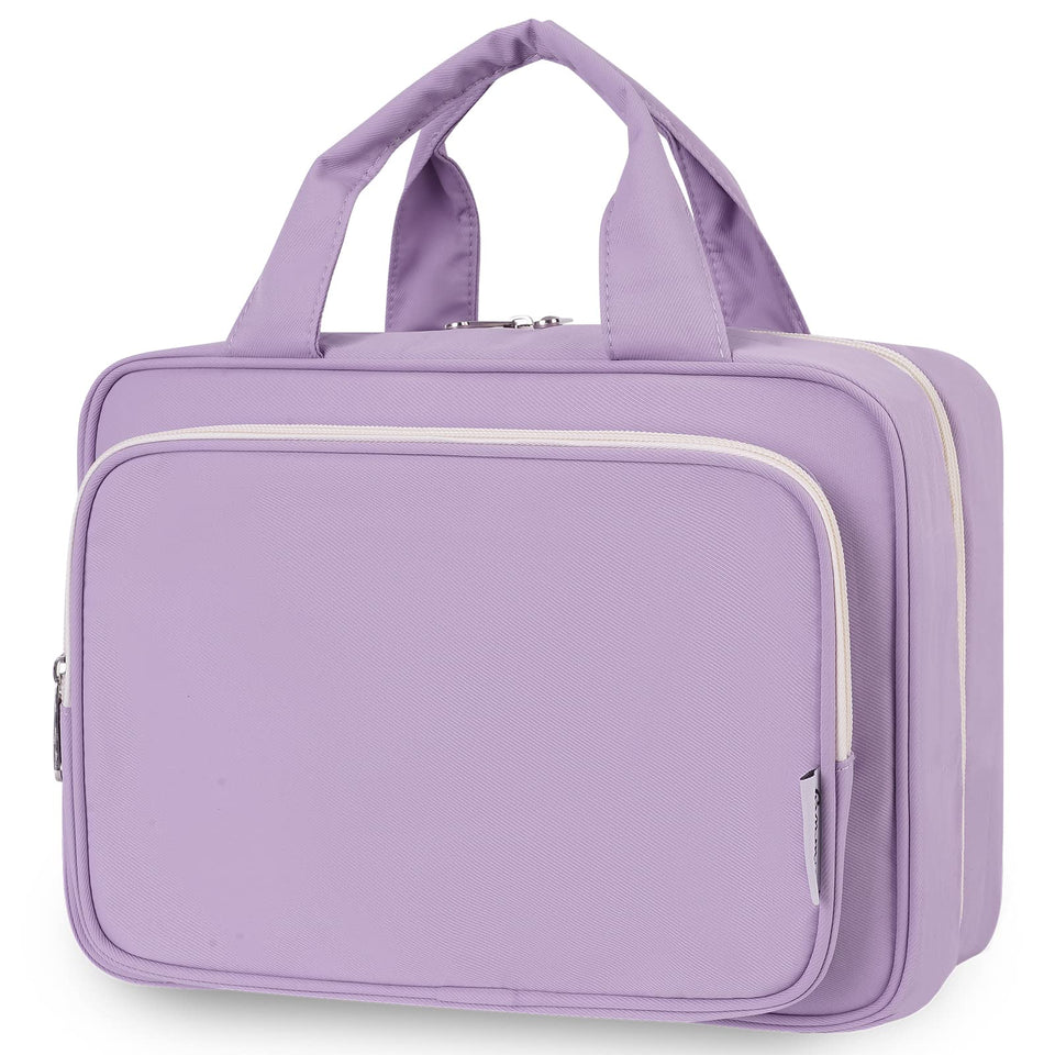 Narwey travel toiletry bag large purple front view shows organized space for full-size products