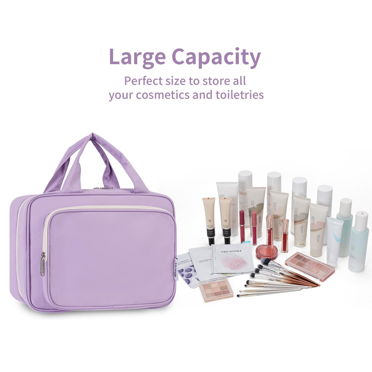 Narwey purple bag fits full-size shampoo, conditioner, lotion, and makeup neatly