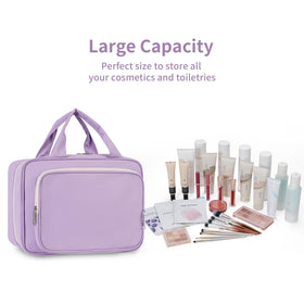 Narwey purple bag fits full-size shampoo, conditioner, lotion, and makeup neatly