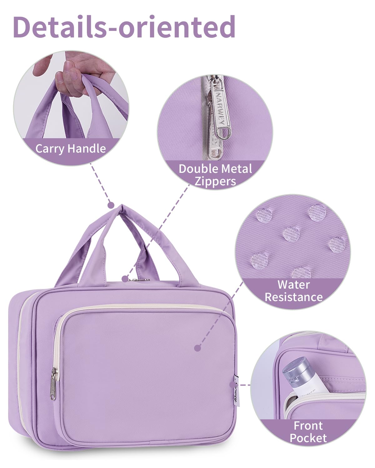 Narwey purple interior lining and durable zippers ensure secure storage