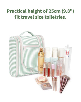 Narwey mint striped bag features mesh and zipper pockets for cosmetics