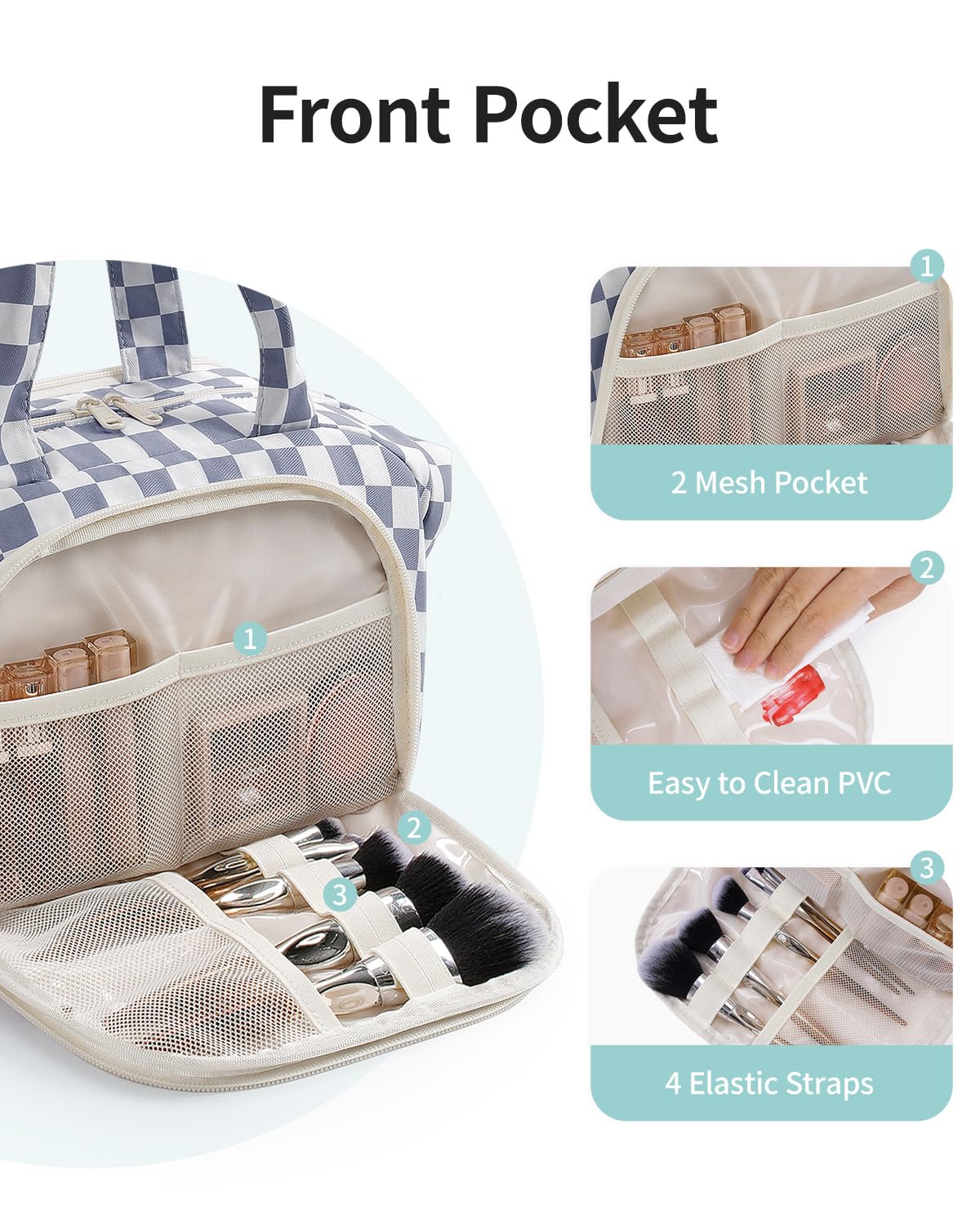 Narwey toiletry bag mesh pockets keep cosmetics upright and tidy
