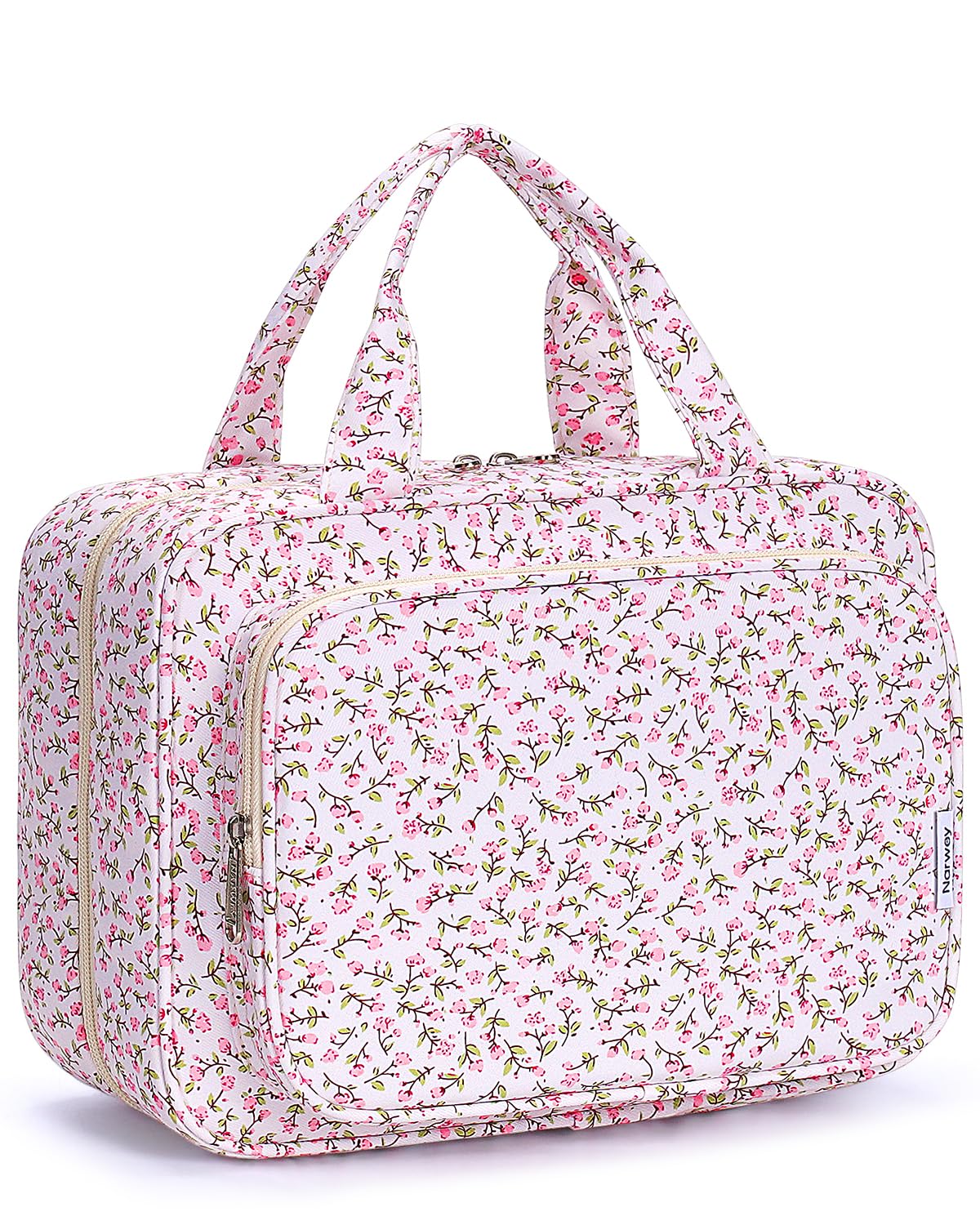 Narwey travel toiletry bag pink flower large front view for stylish organization on trips