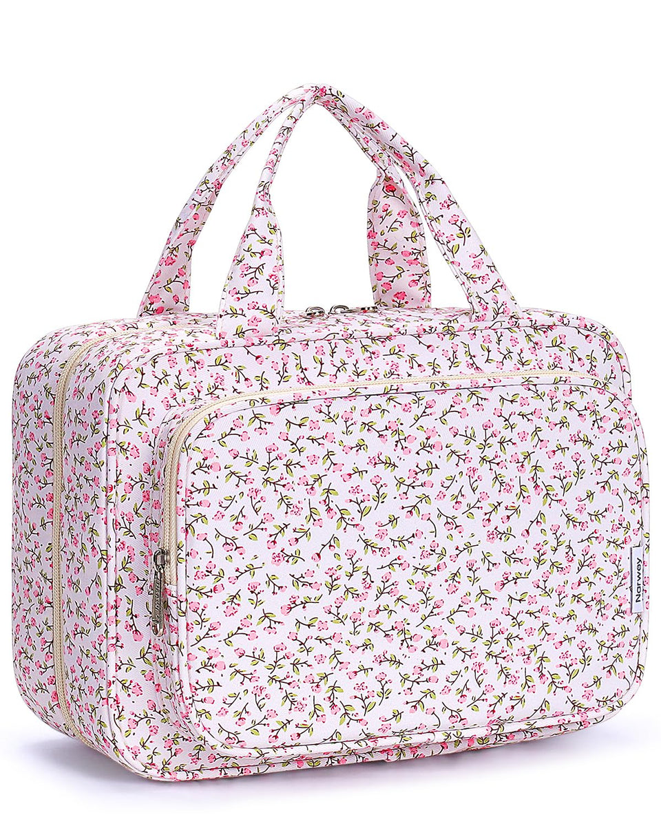 Narwey travel toiletry bag pink flower large front view for stylish organization on trips