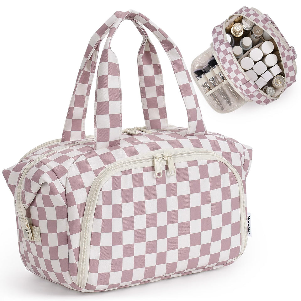 Narwey travel toiletry bag in dusty pink checker with sturdy handle for easy packing