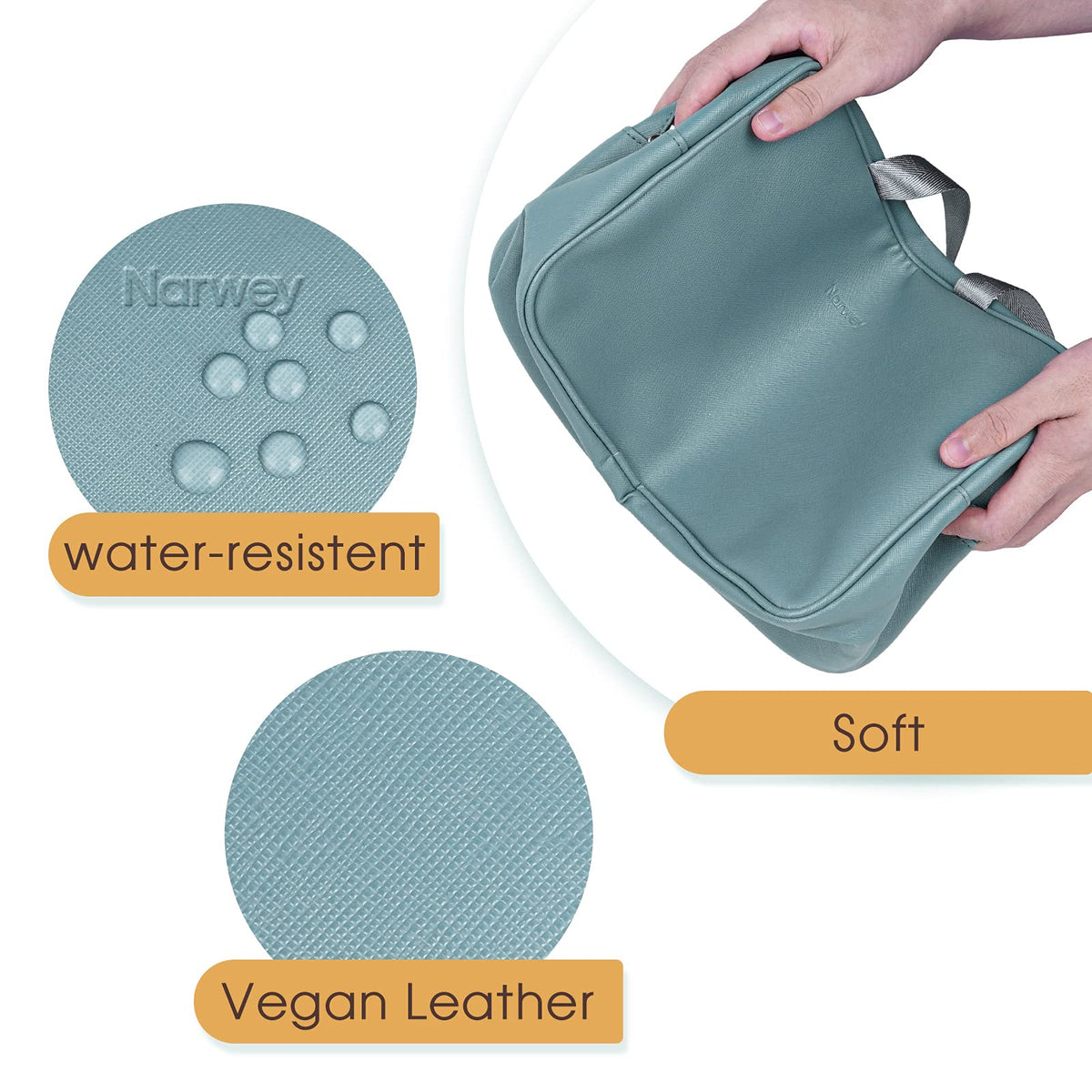 Narwey water-resistant fabric toiletry bag greyish blue protecting contents from spills.