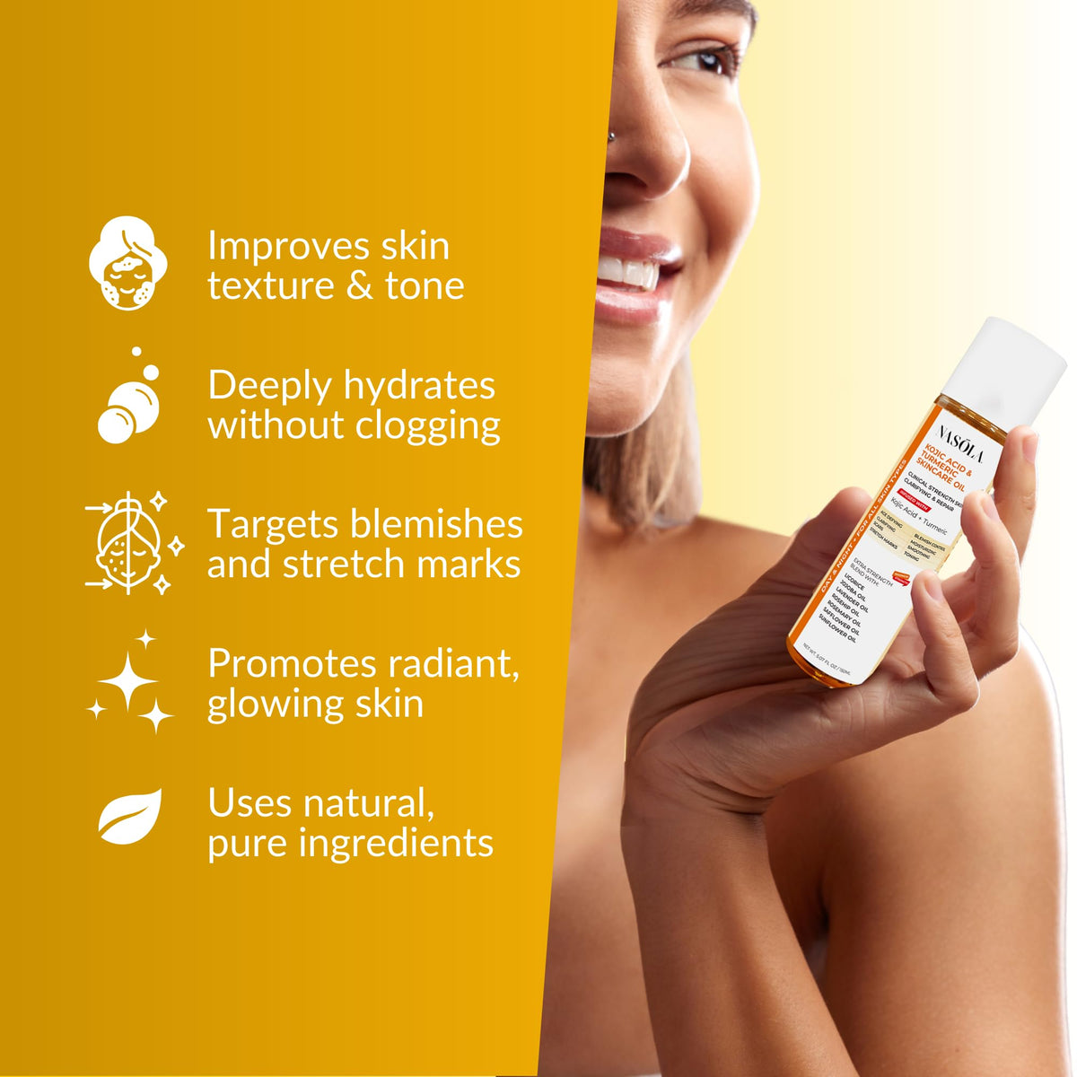 Nasola oil pour demonstrates quick absorption for hydrated, non-greasy skin.