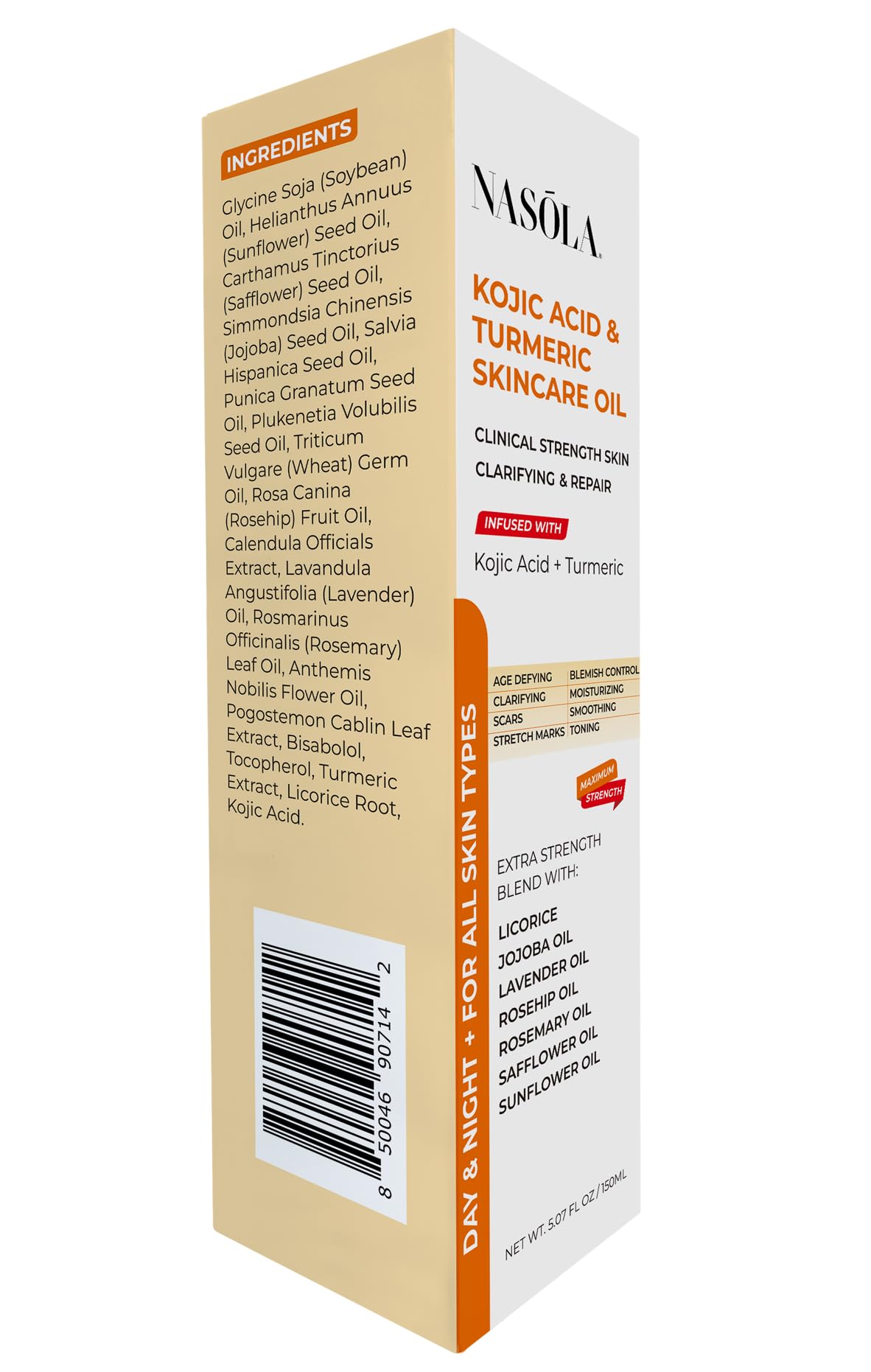 Nasola bottle and ingredients list conveys clean, responsible skincare for daily use.