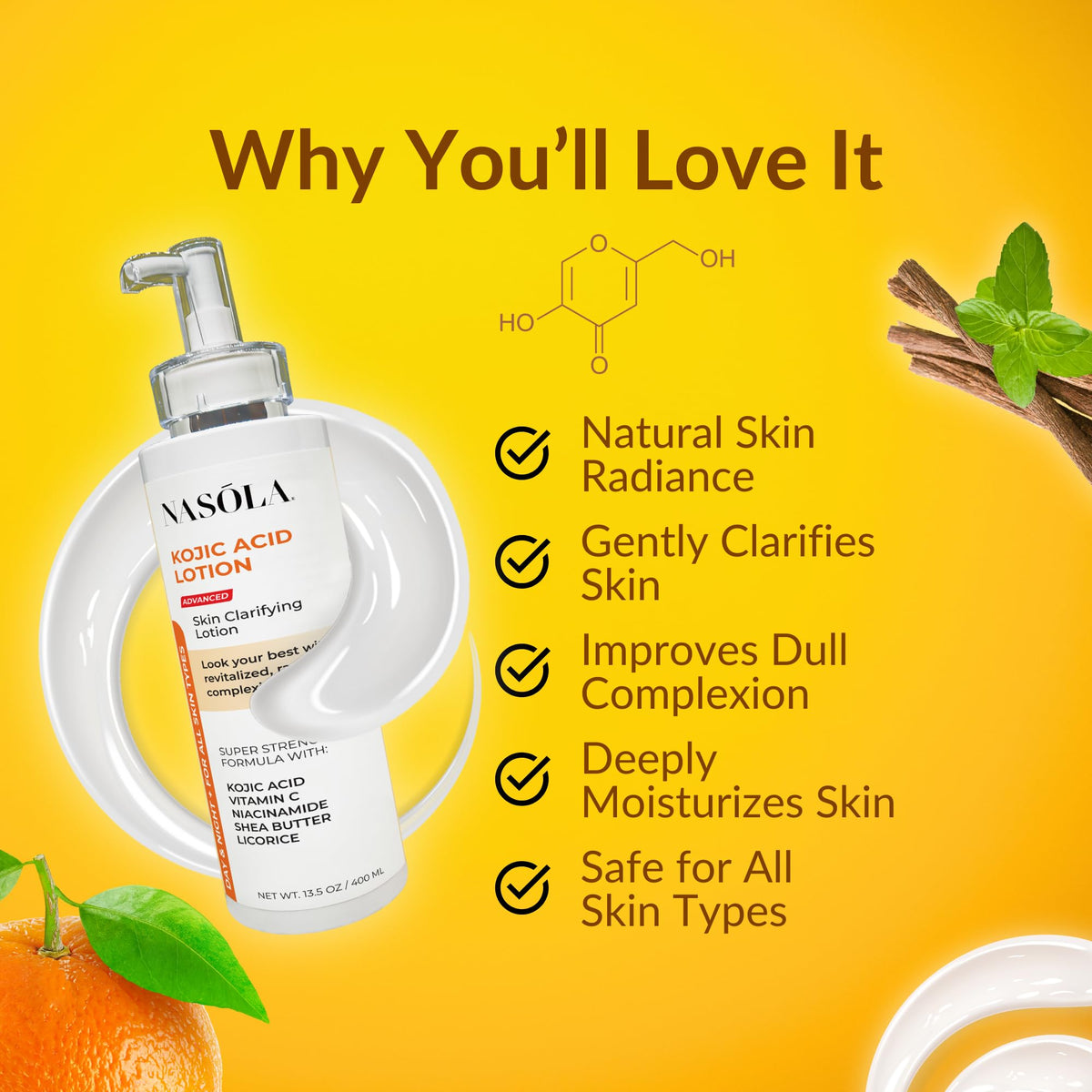 Close-up of Nasola Kojic Acid Lotion ingredients with Vitamin C and Niacinamide for balanced complexion