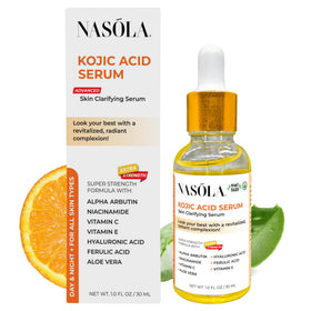 Nasola Kojic Serum bottle front shows sleek design for daily brightness and hydration.