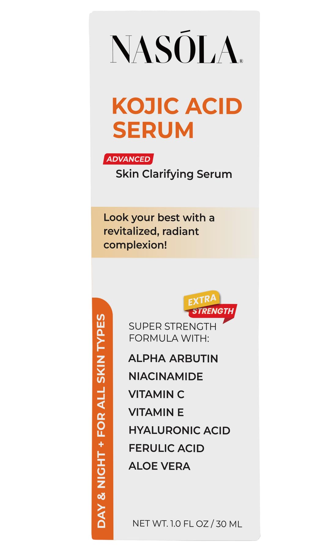 Nasola Kojic Serum ingredients hyaluronic ferulic acids suggest antioxidant hydration.