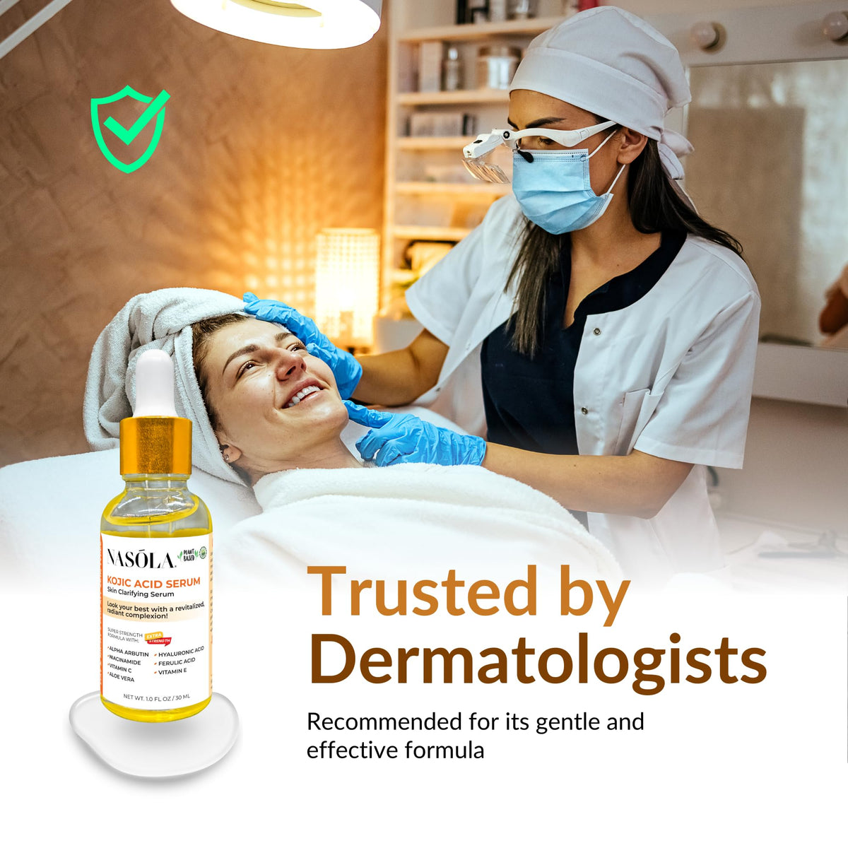 Nasola Kojic Serum label closeup communicates premium ingredients and clean formula.