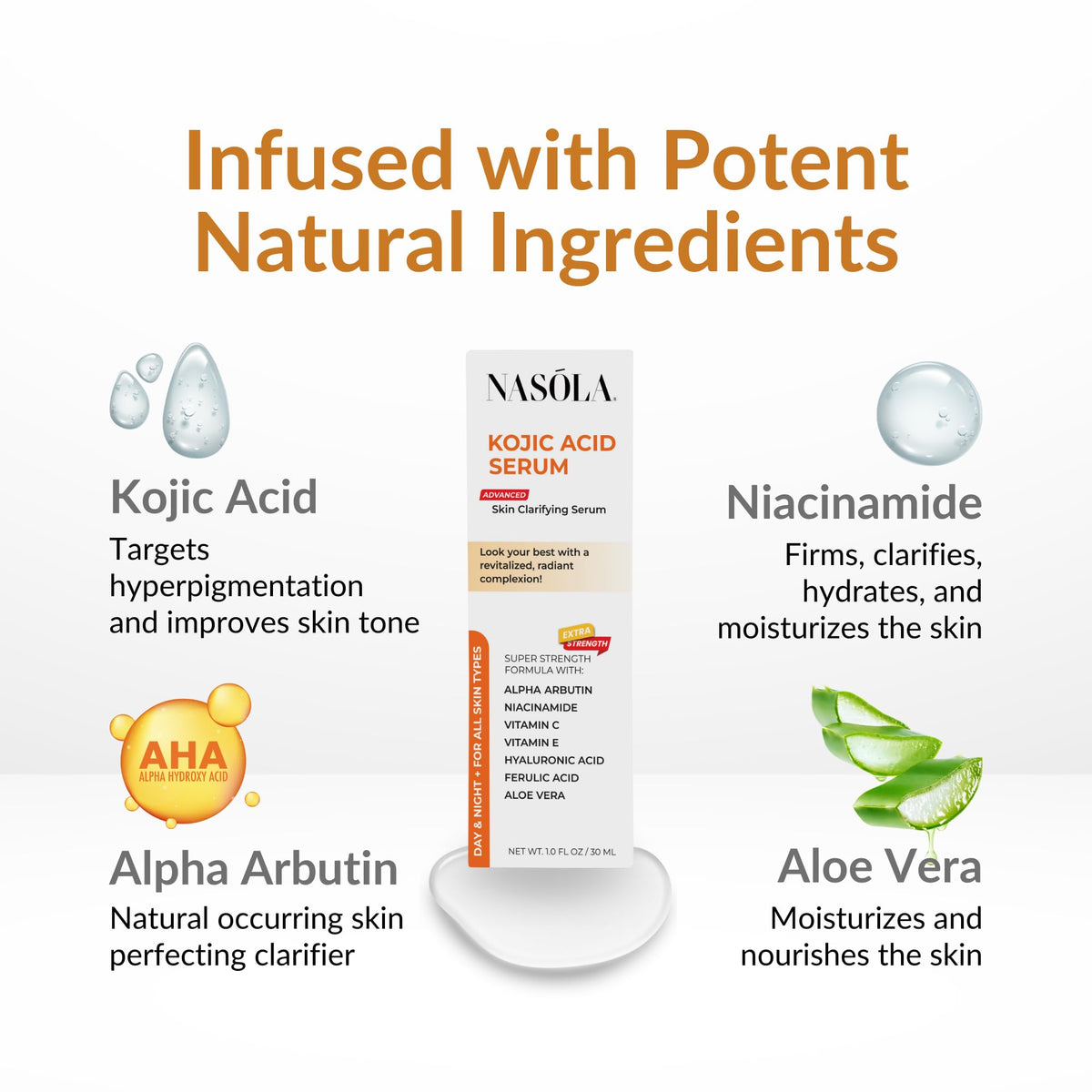 Nasola Kojic Serum texture swirl shows light, fast-absorbing formula for all skin types.