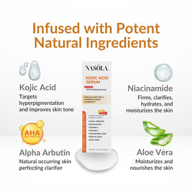 Nasola Kojic Serum texture swirl shows light, fast-absorbing formula for all skin types.